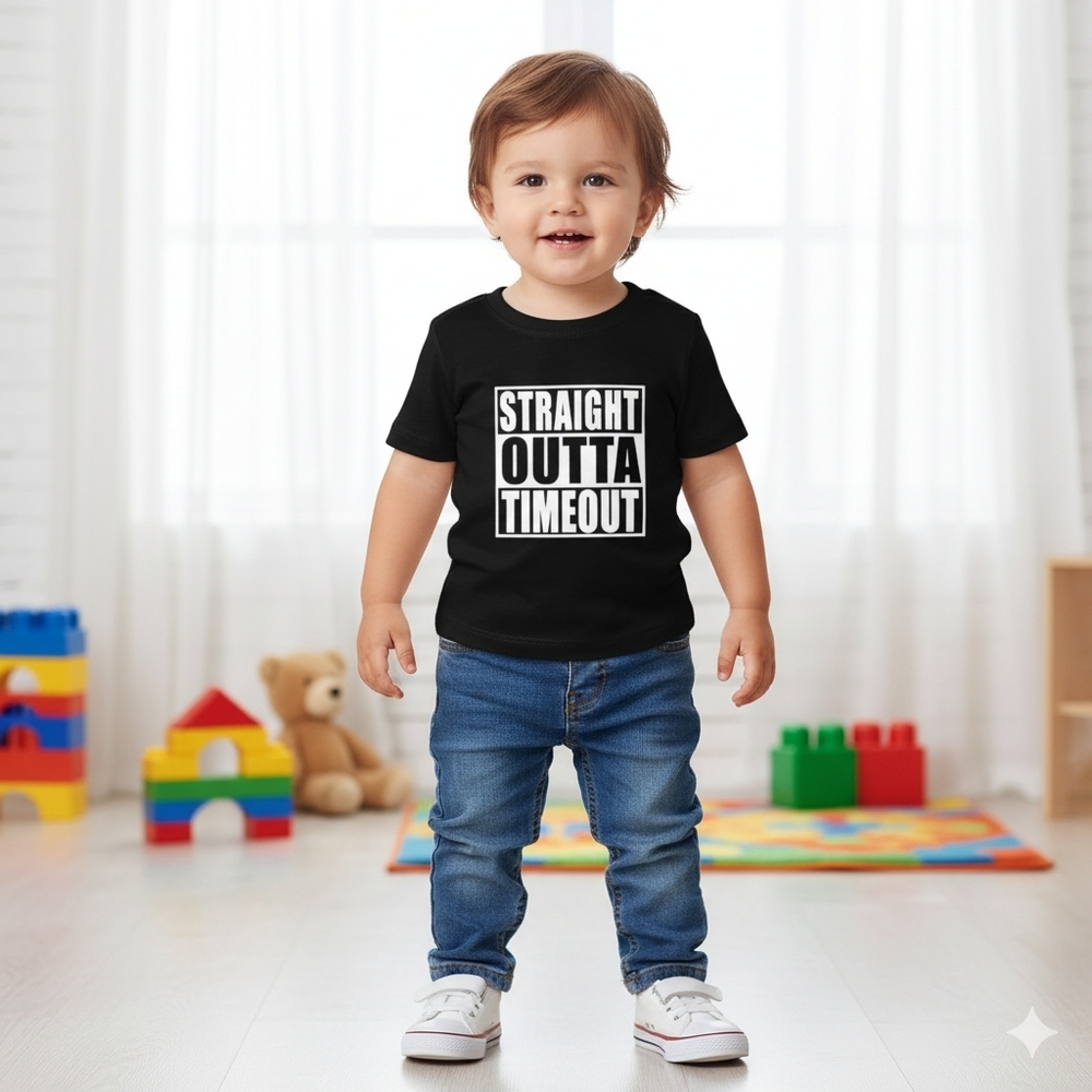 Toddler Boy Girl Straight Outta Timeout Tshirt Funny Black & White Tee 12-18M